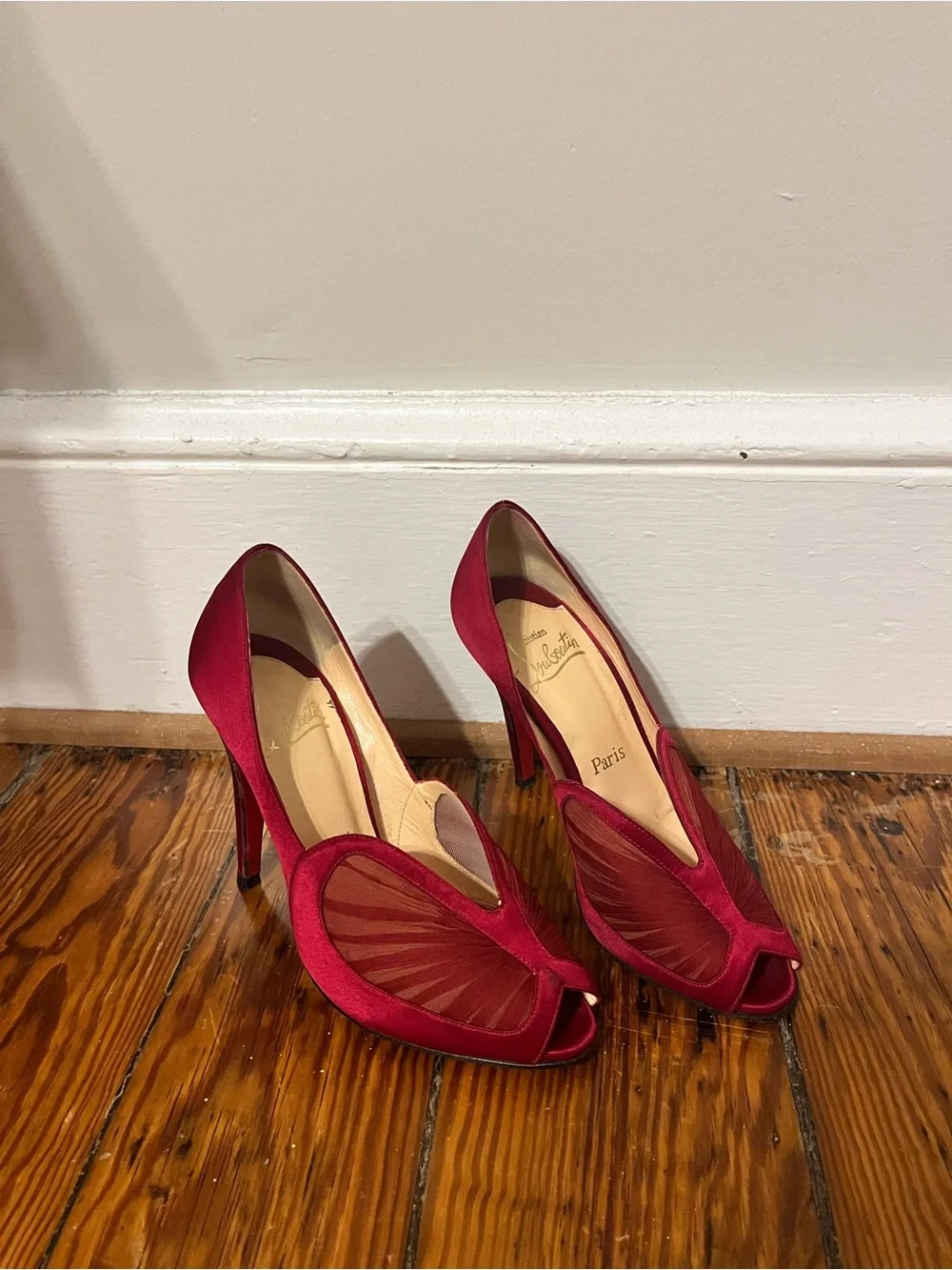 Christian Louboutin Burgundy Satin Peep-Toe Heels - Picture 1 of 6